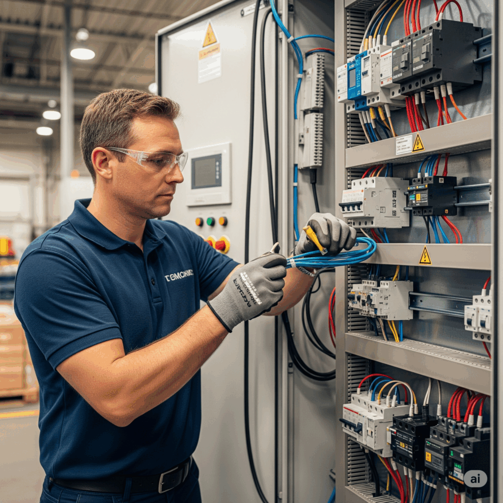 Bir teknisyen endüstriyel pano içinde elektrik bağlantılarını kontrol ediyor.