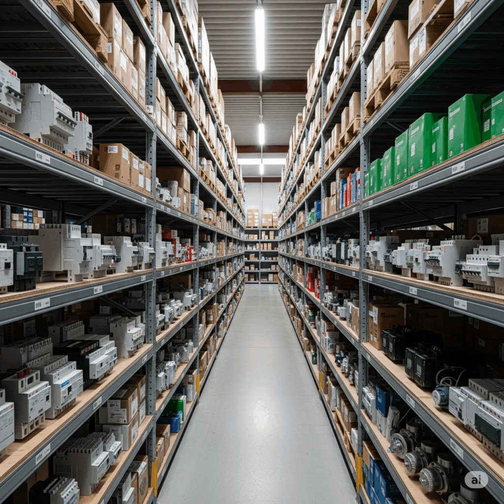 Endüstriyel otomasyon ve elektrik ürünleriyle dolu düzenli depo raf sistemi.