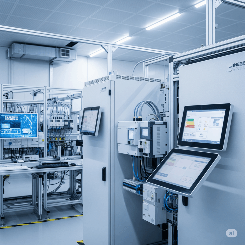 Endüstriyel otomasyon sistemleri ve kontrol panolarının bulunduğu modern üretim alanı.